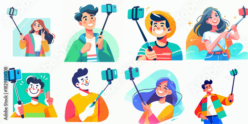 vector illustration set of people using selfie sticks