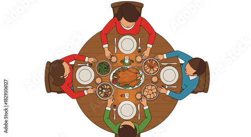 2D vector-style illustration on white a family sitting around a table sharing a Christmas meal—roast, veggies, and a candle in the center. Simplified figures, overhead flat-lay perspective, warm light