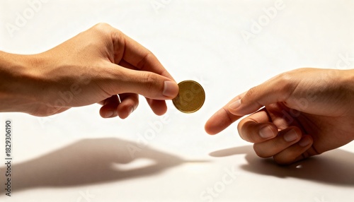 Close-up of two hands engaging in a financial transaction, one hand giving a shiny golden coin to another, symbolizing money exchange, payment, charity, investment, or economic concepts on a clean whi