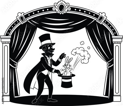 Cartoon magician performing magic trick on stage with rabbit, top hat, smoke, curtain, tuxedo, vector for entertainment and fantasy