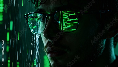 Intense close-up of a serious man wearing glasses with glowing green digital code and data streams reflected on his lenses, immersed in a futuristic cybersecurity or programming concept with falling r