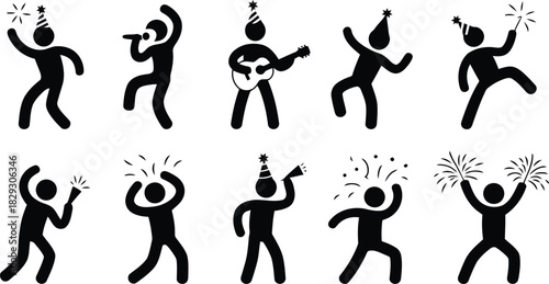 Set of ten black stick figures celebrating a party with hats and various festive activities