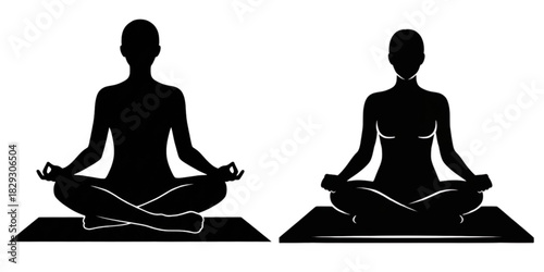 Black silhouette of a person meditating on a mat in a peaceful cross-legged pose, minimalistic calm design.svg