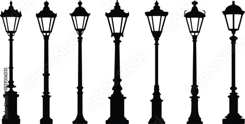 Seven charming vintage street lamp silhouettes display various traditional light fixture pole styles