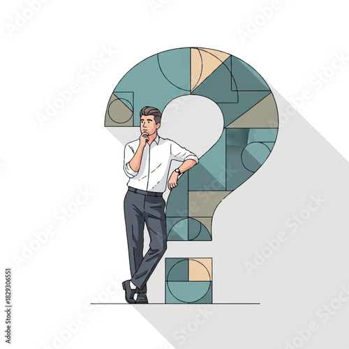 A pensive businessman contemplating a complex problem symbolized by a large geometric question mark