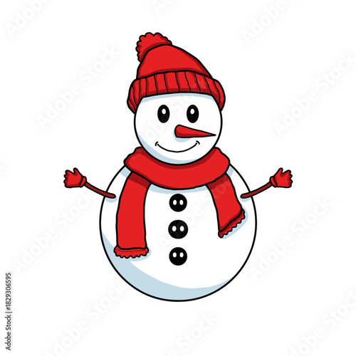Smiling snowman with red hat and scarf. Warm winter cartoon snowman vector illustration