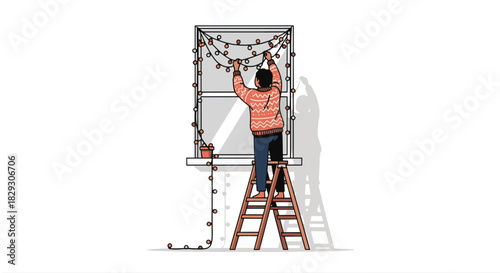 Flat 2D Christmas activity on white background a person hanging festive lights on a window frame. Cozy sweater, ladder, string of fairy lights, minimal interior detail, soft shadows, no text, no brand