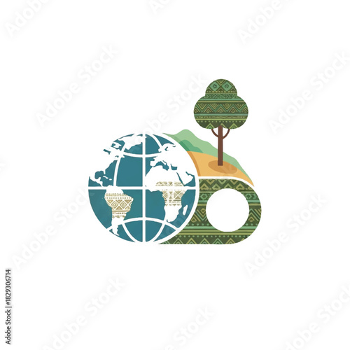 Stylized globe and tree icon with ethnic patterns for environmental concepts and global sustainability