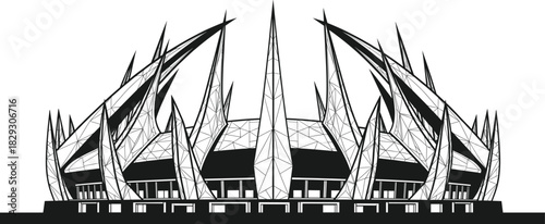 Futuristic architectural structure with pointed spires and geometric design, black and white vector illustration of modern building concept