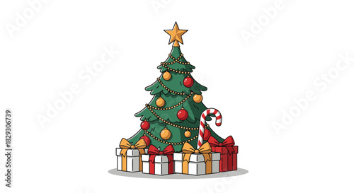Flat 2D Christmas illustration on pure white background a decorated Christmas tree with red and gold ornaments, a star on top, wrapped gifts with bows, and a candy cane. Minimalist style, clean li