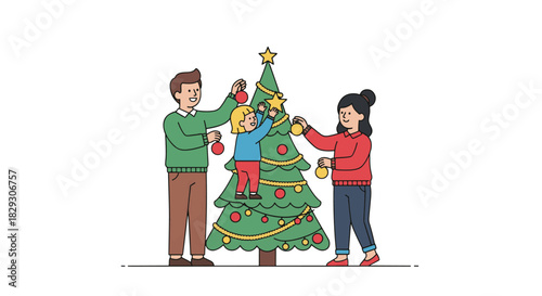Flat 2D vector illustration on pure white background a family decorating a Christmas tree together—parents hanging ornaments, child placing a star on top. Minimal facial details, warm clothing, festiv
