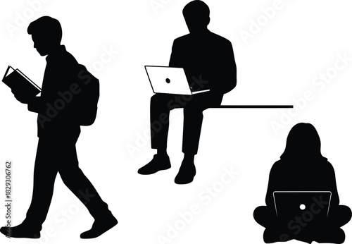 Silhouettes of students reading a book and using laptops for educational or personal tasks