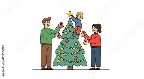Flat 2D vector illustration on pure white background a family decorating a Christmas tree together—parents hanging ornaments, child placing a star on top. Minimal facial details, warm clothing, festiv