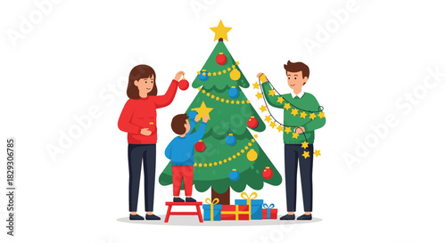 Flat 2D vector illustration on pure white background a family decorating a Christmas tree together—parents hanging ornaments, child placing a star on top. Minimal facial details, warm clothing, festiv