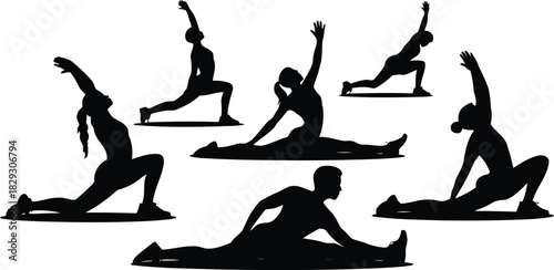 Silhouettes of people demonstrate various stretching and yoga poses on a plain white background