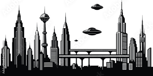 Futuristic city skyline with UFOs, elevated transport system, modern skyscrapers, sci-fi architecture, and alien-themed silhouette vector illustration