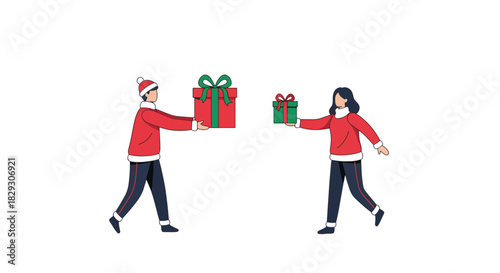 Minimalist 2D illustration on white two people exchanging wrapped Christmas gifts with joyful gestures. Flat design, neutral facial features, winter outfits, red and green accents, isolated on white, 