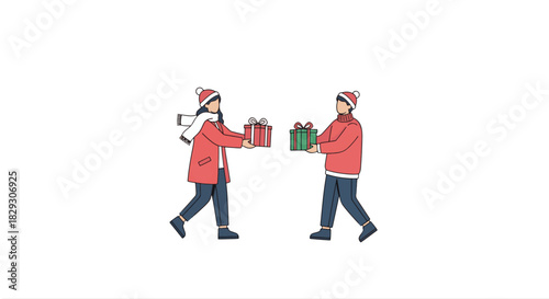 Minimalist 2D illustration on white two people exchanging wrapped Christmas gifts with joyful gestures. Flat design, neutral facial features, winter outfits, red and green accents, isolated on white, 