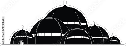 Futuristic dome architecture cluster in black and white vector style, conceptual habitat design for sci-fi, minimal, and modern themes