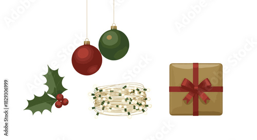 Simple 2D holiday illustration on pure white Christmas ornaments hanging on an invisible string, a string of fairy lights coiled neatly, a sprig of holly, and a gift box. Clean vector sty