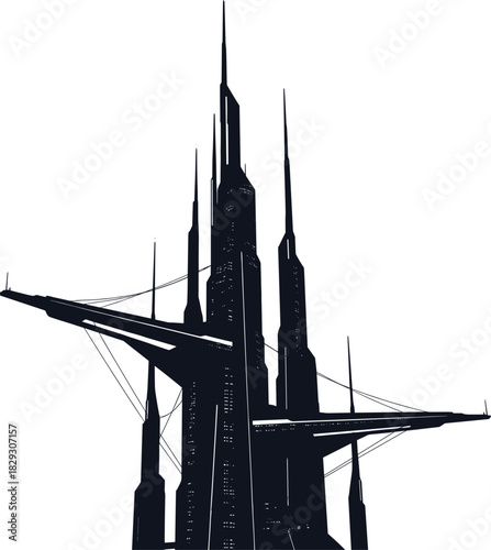 Futuristic skyscraper silhouette with spires, cables, and platforms in cyberpunk style, ideal for sci-fi architecture and concept art.