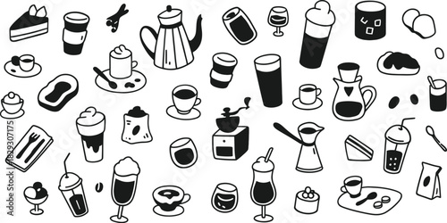 Doodle coffee icons set. Hand drawn cafe, restaurant, patisserie menu cute line elements. Food and beverage drawings. Coffee, tea, espresso, latte, black and white vector art