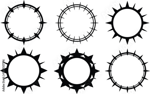 Six varied black silhouette circular frames and borders with sharp spiked edges