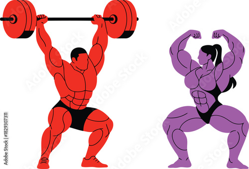 Strong red male bodybuilder performs weightlifting squat with barbell overhead next to powerful purple female