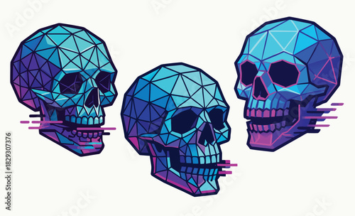 Futuristic Blue Low Poly Skull Duo – Neon Digital Style
