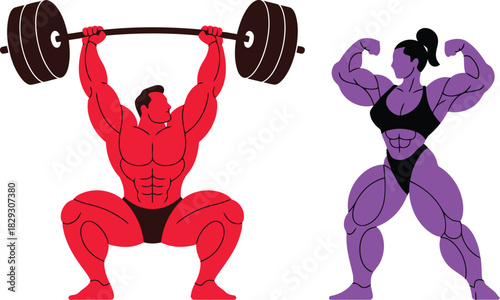 Stylized red male bodybuilder lifting a heavy barbell overhead next to a powerful purple female flexing