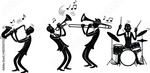 Jazz band performing with saxophone, trumpet, trombone, and drums in black and white cartoon style for musical energy illustration