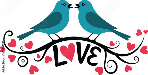 Sweet blue birds kiss on a decorative branch featuring red hearts and the word LOVE