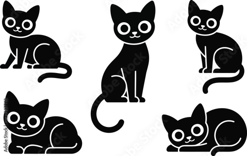 This image features five charming black cat cartoon icons with large bright eyes depicted in playful different positions