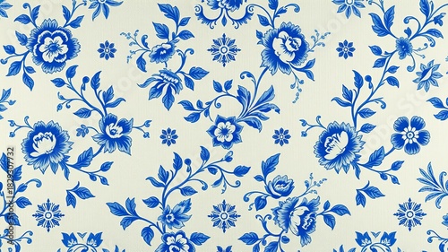 Delicate blue floral pattern with roses and foliage creates an elegant and timeless design on a bright off white background for classic aesthetic appeal.