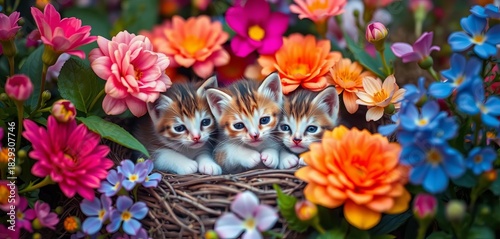 Tiny kittens nestled amongst vibrant blooming flowers,  pastel,  flora