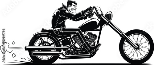 Motorcycle rider silhouette speeding on chopper bike with intense expression, bold lines, motion trails, and rebellious vintage biker style