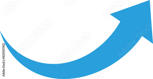 Blue upward-curving arrow symbolizing growth and progress with a transparent background in a simple minimalist style suitable for business and