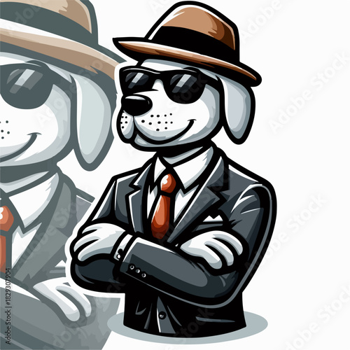 cool cartoon vector illustration of a dog wearing a suit, hat