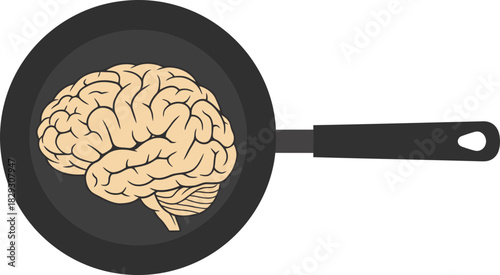 Creative illustration of a human brain depicted as the core element in a frying pan highlighting cognitive processes and mental function in a
