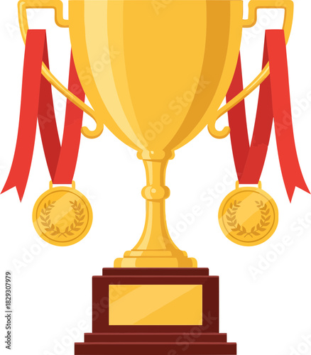 Elegant award trophy with medals and ribbon decorations on a sleek pedestal with a dark background for recognition and celebration of achievement
