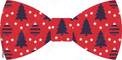 Festive Christmas Bow Tie with Holiday Tree and Ornament Pattern on Red Background