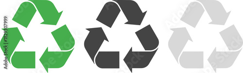 Environmental awareness symbols depicting recyclable materials with variants in green black and gray backgrounds emphasizing sustainability concepts