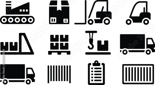Twelve modern black icons illustrating key concepts in industrial logistics and shipping operations