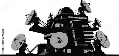 Silhouette of satellite communication facility with antennas and dome structure, black and white vector illustration for technology and science