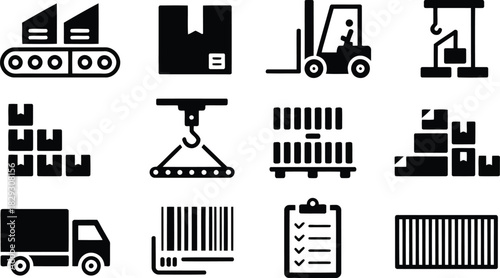 Twelve solid black icons representing industrial logistics manufacturing and package shipping processes
