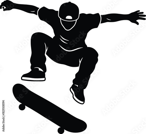 Silhouette of skateboarder performing aerial trick in mid-air with cap and sneakers, showcasing dynamic motion, balance, and athletic style.