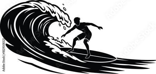 Silhouette surfer riding giant wave in ocean, extreme sport adventure, black and white vector for beach, summer, and action themes