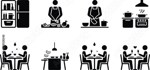 Various black silhouette icons illustrating kitchen activities and people enjoying a meal together