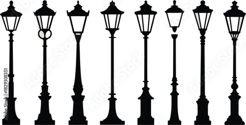 Various classic black silhouette streetlights depict diverse historical and decorative lighting fixtures