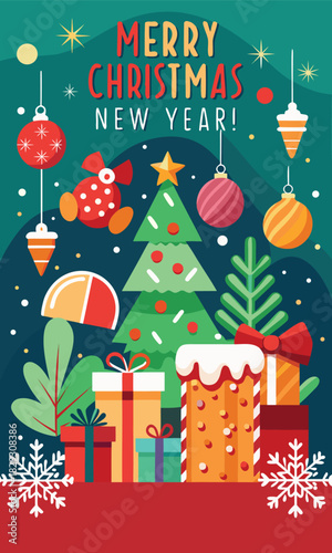 Celebrate Merry Christmas and New Year with joy and festive gifts, ornaments, snowflakes, and trees creating a vibrant and heartwarming holiday atmosphere